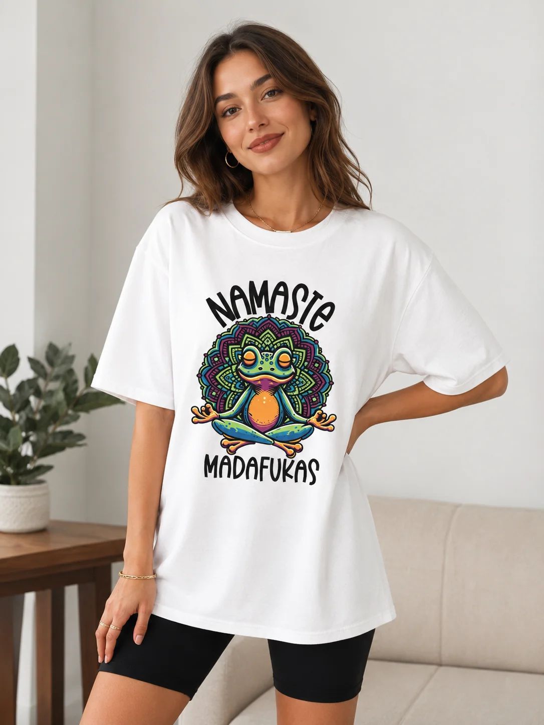 Fun Yoga T-shirt Frog Self Care Short Sleeves Cotton Short Sleeves Front Cottagecore Namaste T-shirt Women's Street Wear