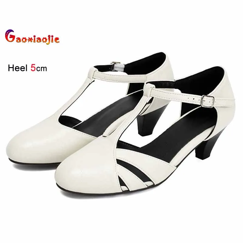 

Летние женские босоножки 2026 года, белые, с круглым носком, на толстом среднем каблуке 5 см, с Т-образным ремешком на щиколотке, туфли-лодочки для вечеринок, размеры 35-43