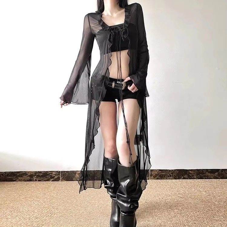 

Y2k прозрачный сетчатый кардиган, топ, тонкое пальто с длинными рукавами, женские летние новые облегающие блузки с v-образным вырезом на шнуровке