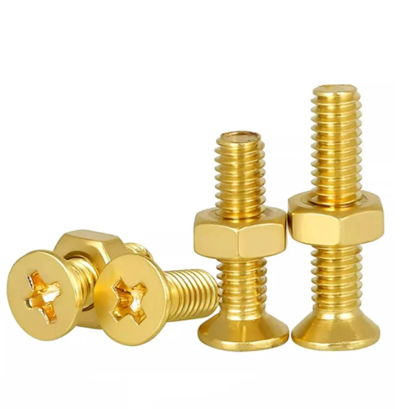 M2 M2.5 M3 M4 M5 M6 M8 M10 M12 2 in1 Brass Countersunk Head Cross Bolt Nut Combination Phillips Flat Head Screw Hexagon Nut Sets