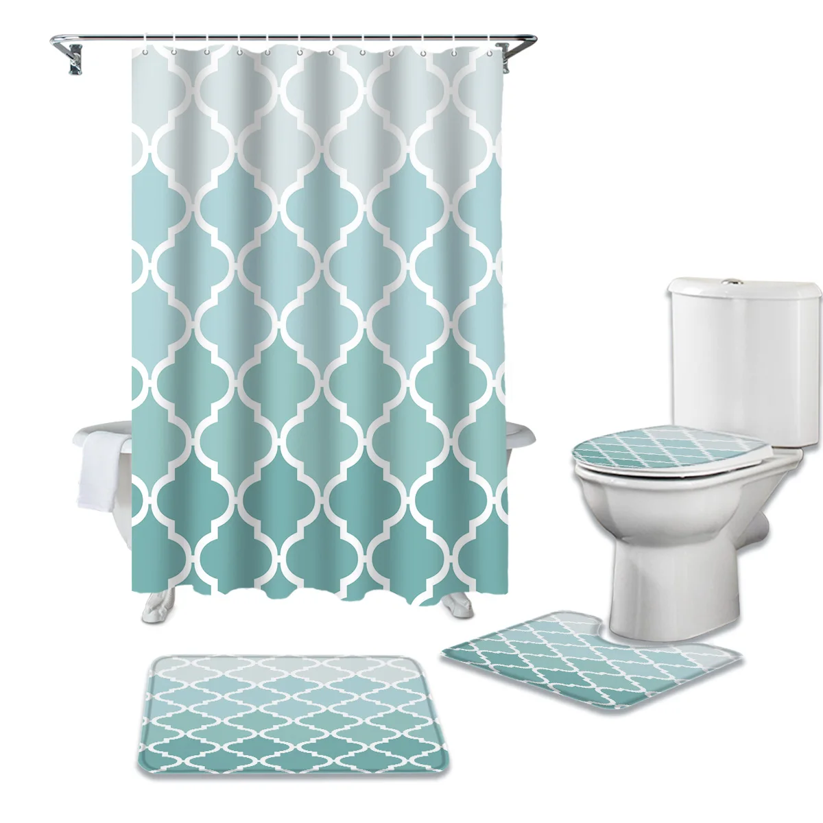 Bathroom Shower Curtain and Rug Sets Geometric Blue Green Gradient Turquoise Toilet Lid Cover Bath Mat Shower Curtains Set