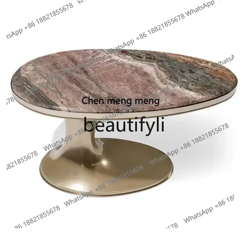 

Italian light luxury natural marble luxury stone oval metal living room coffee table combination
