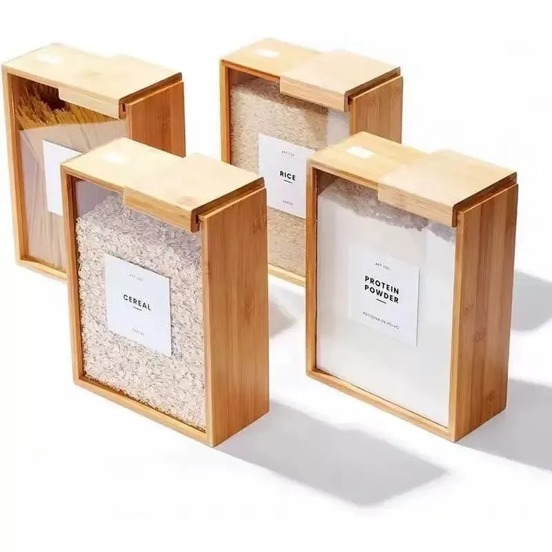 New Household Kitchen Bamboo and Wood Sliding Grain Storage Box Wooden Food Storage Box Dispenser 2