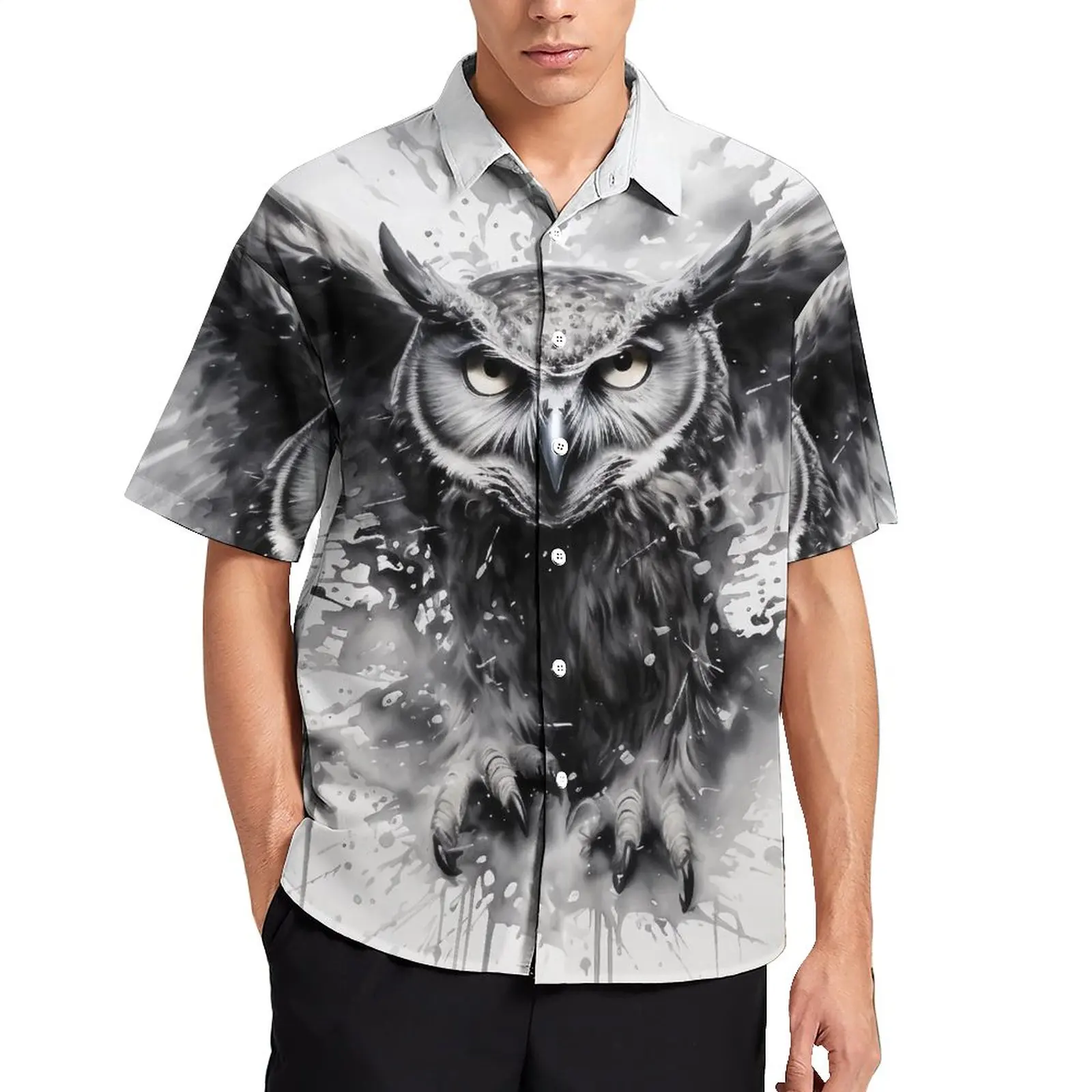 

Men's Owl Loose Harajuku Vacation Hunting Animal Casual Hawaiian Shirts Summer Short Sleeve Vintage Oversized Fashion Blouses