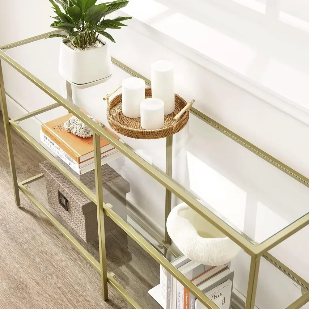 

51.2 Inch Console Table with 3 Shelves, Sofa Table, Entryway Table, Metal Frame, Tempered Glass Shelf, Modern Style, for