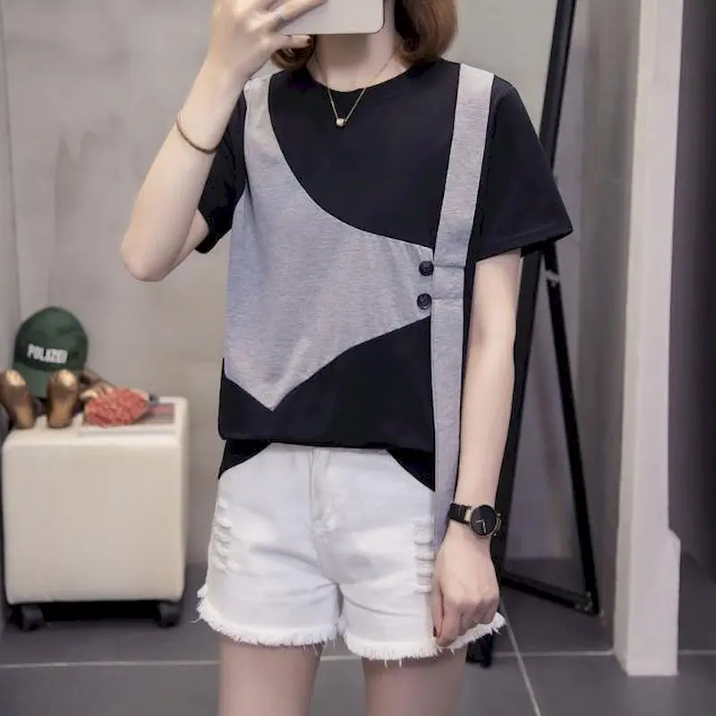 

Fashion Oversized T Shirt Women Summer Trendy Tshirt Loose Striped Stitching Fake Two-piece Short Sleeve T-shirt Casual Thin Top