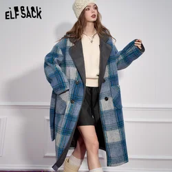 ELFSACK 2024 Winter New Arrivals Blue Plaid Elegant Faux Woolen Coat Women Simple Mid-Length Coat