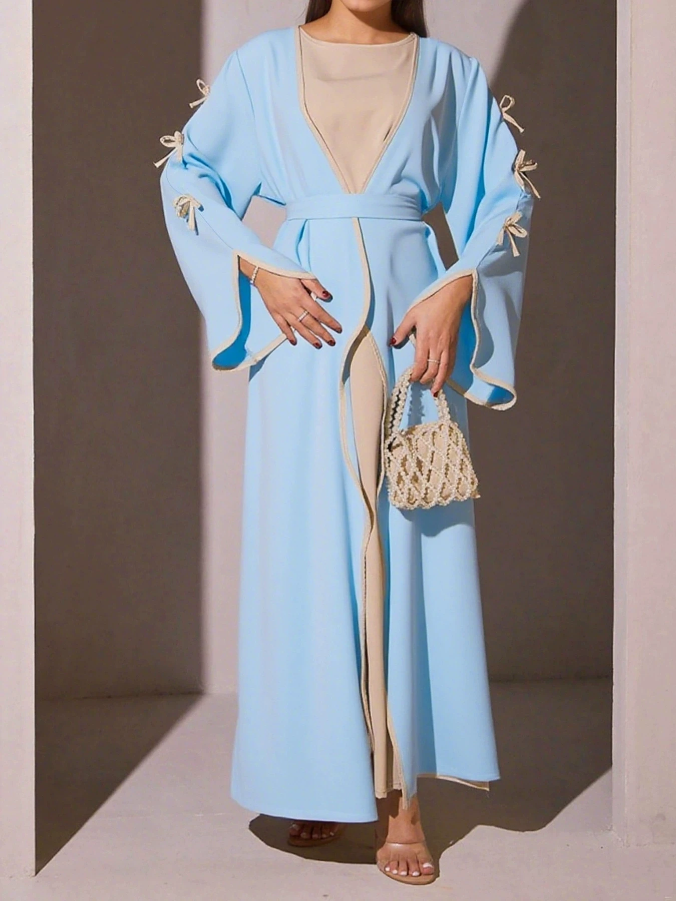 فستان عربي طويل للسيدات مع عقدة على شكل فيونكة، فستان خارجي ناعم ومريح بلون سادة مع حزام