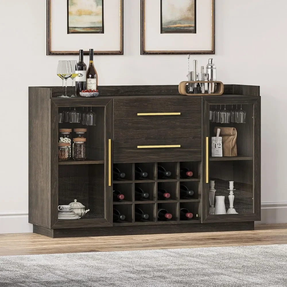 

55" Wine Cabinet, Sideboard Buffet with Wine Rack and Glass Holder, Home Coffee Bar Freestanding Liquor Cabinet