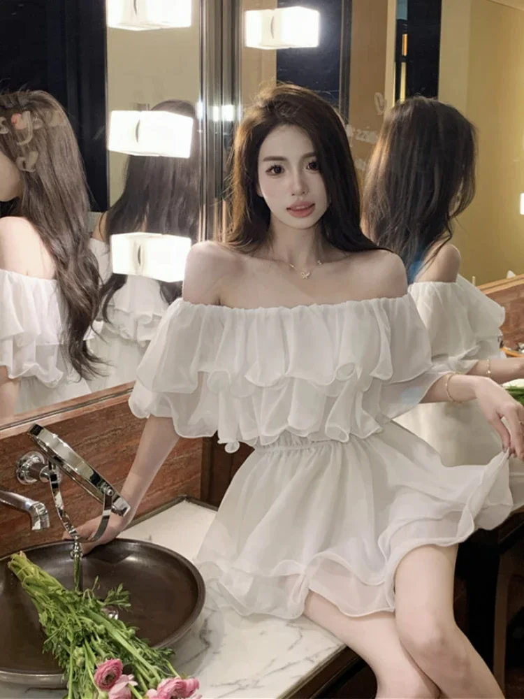 Coquette Kurzarm Off Schulter Sexy Mini Chiffon Satin Weibliche Kleid Seide frauen Kleider Kleidung Elastische Heiße Koreanische Mode