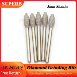 5-10pcs 3mmShank Diamond Grinding Heads 3mm~6mm Long Stone Carving Bits For Polishing Abrasive Accessories Dremel Rotary Tool