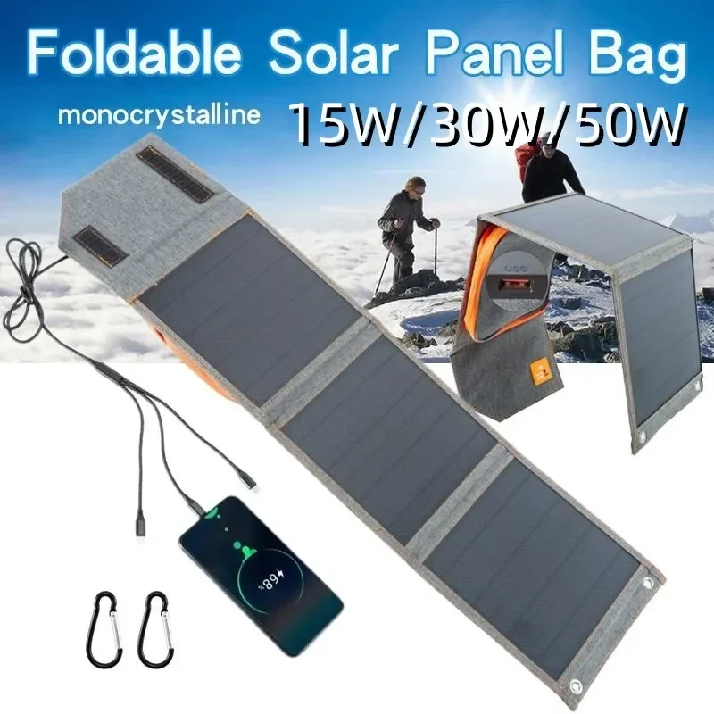 

15W 30W 50W Solar Panel Folding Bag USB Output Solar Battery Charger Waterproof Smart Phone Watch Power Bank ForTraveling Hiking