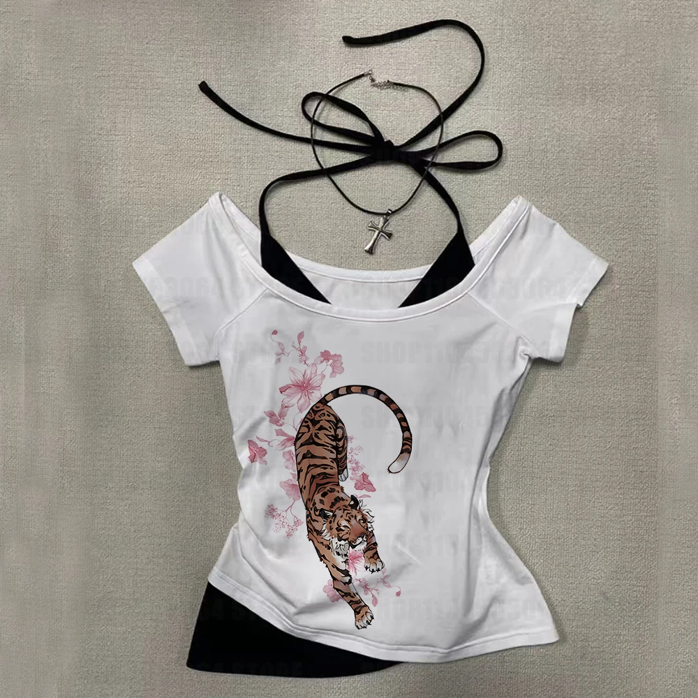 Y2k cool retro pattern print Goth E-girl women's tight fitting T-shirt baby T-shirt Emo Grunge summer crop top slim fit women