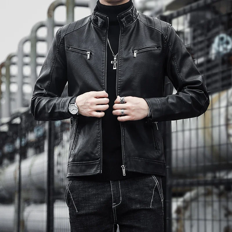 

Autumn New Men Casual Fashion Stand Collar Slim PU Leather Jacket Solid Color Leather Jacket Men Anti-wind Motorcycle S-4XL