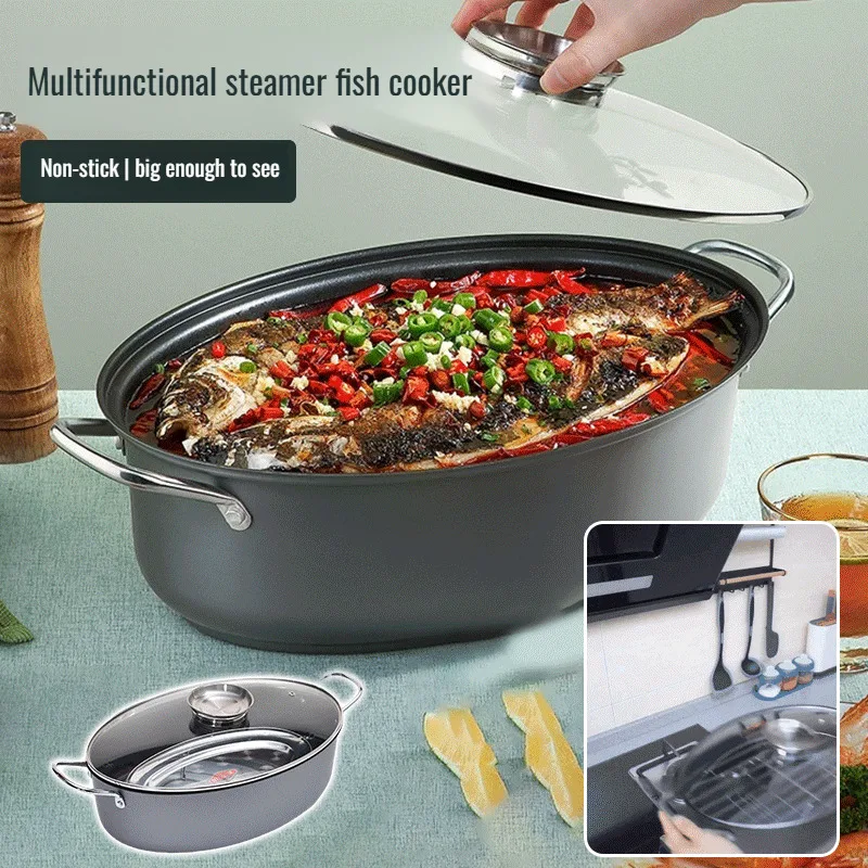 

Household fish steamer double ear large capacity glass lid steamer non-stick carbon steel multi-function steamer pot