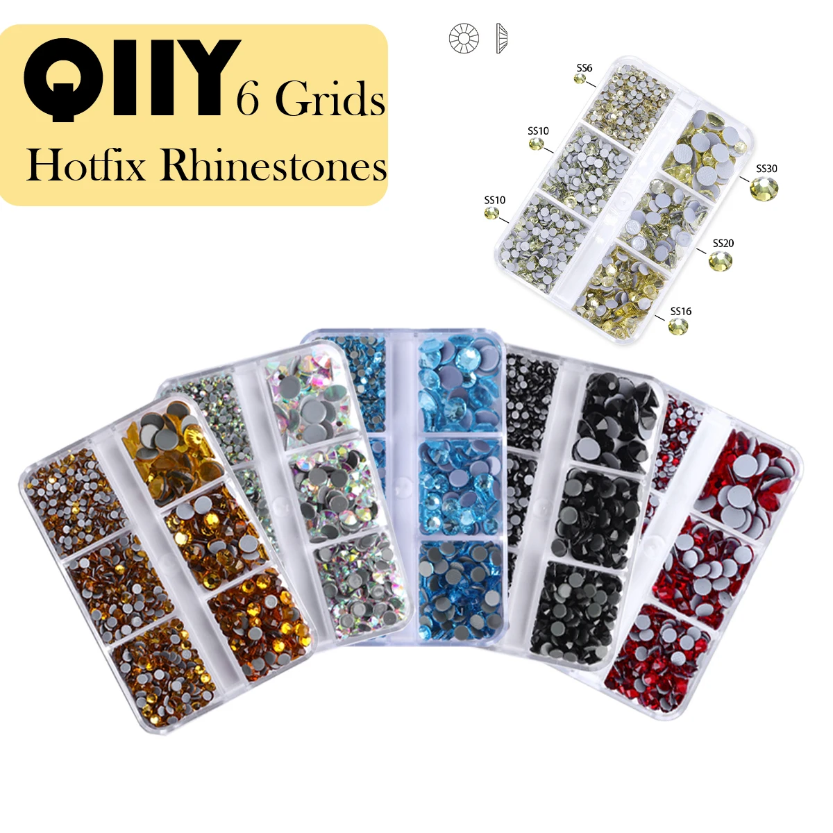 6 Grid Boxed Mixed Size SS6-SS30 Flat Back Glass Hotfix Rhinestones Glitter Crystal Strass Iron on for Clothing Decoration