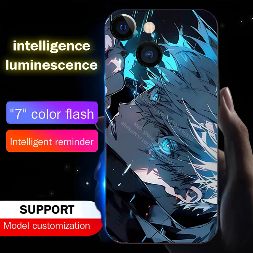 

2025 Japanese Anime Cartoon Smart LED Light Glow Tempered Glass Phone Case For iPhone 16 E 15 14 13 12 11 Pro Max XS XR Plus SE