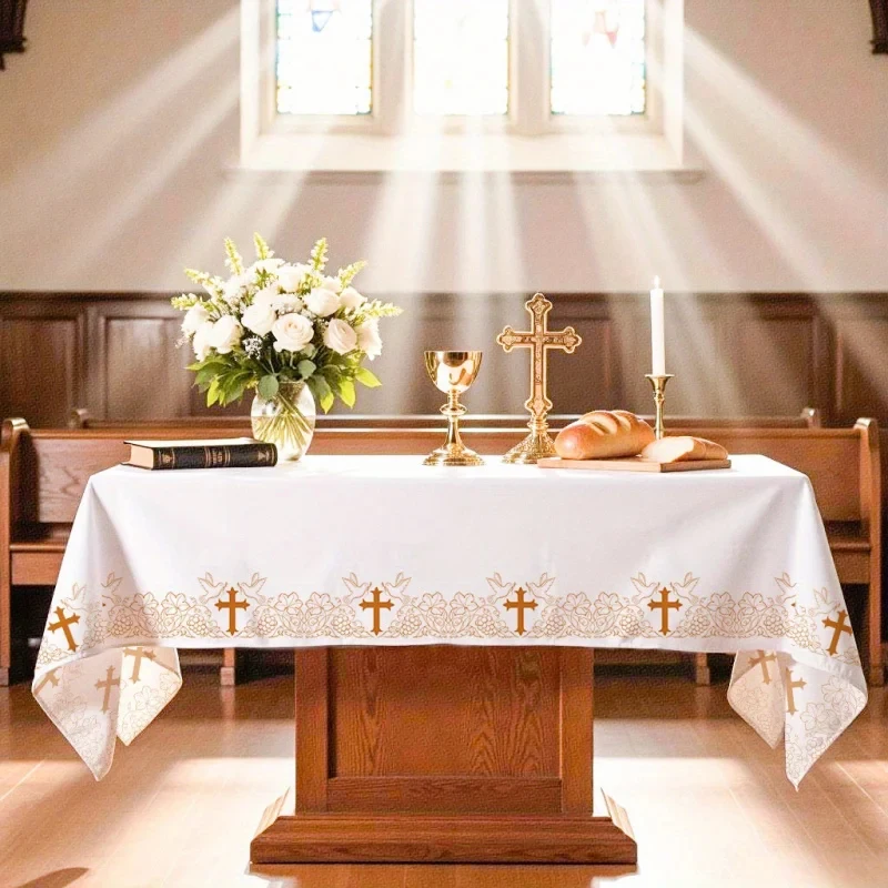 VIKAMA Religious Altar Table Cloth Golden Cross Floral Dove Pattern White Church Table Cover Catholic Christian Ceremony Decor