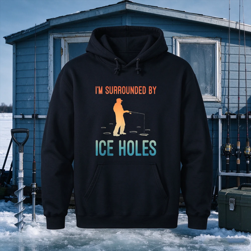 I'm Surrounded By Ice Holes Hoodie Men Women Gradient Ice Fisherman Silhouette Hooded Sweatshirt Casual Long Sleeve Pullover Top