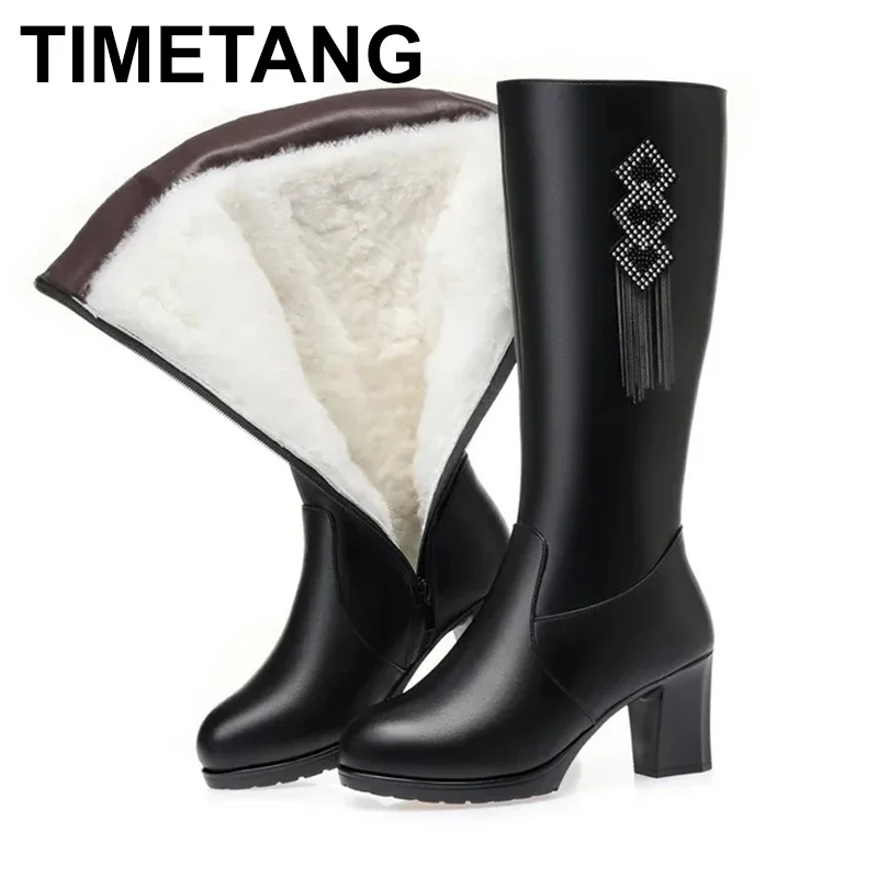 

Женские сапоги на высоком каблуке, зимние теплые длинные сапоги из натуральной кожи и шерсти, новинка 2024, женские сапоги до середины икры с кисточками