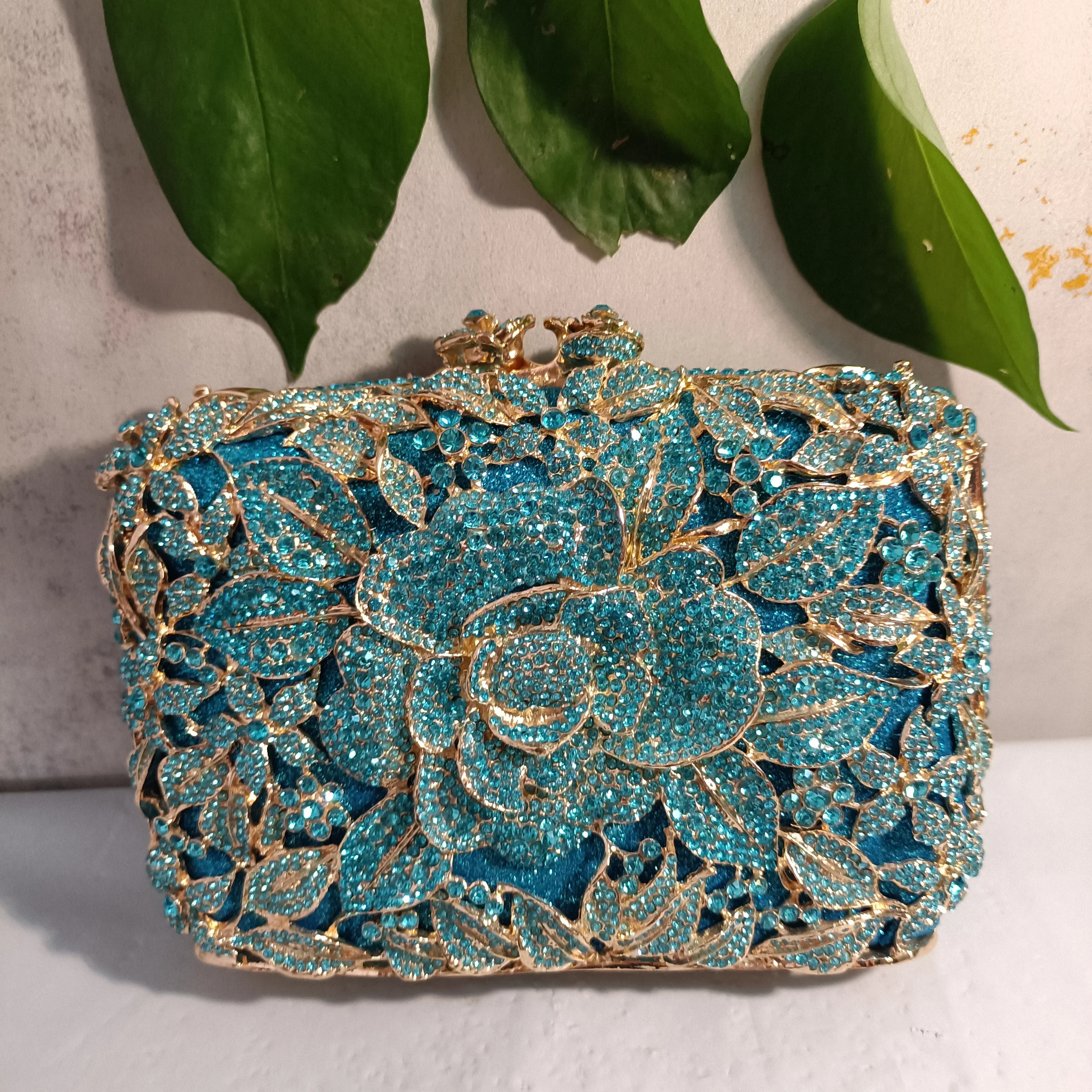 XIYUAN Women Blue Pink High Quality Flower Handbag Dinner Party Diamond Floral Stone Evening Bag Wedding Bridal Cocktail Purse