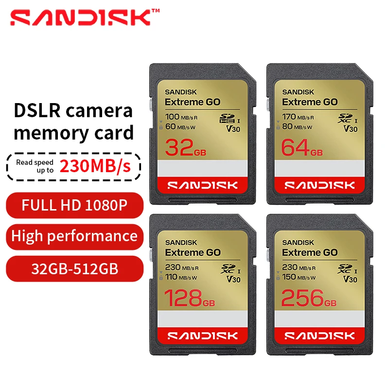 SANDISK Extreme GO V30 SDXC Memory Card 64GB 128GB 256GB SDHC UHS-I Cards 32GB 4K UHD SD Card for DSLR Camera Mirrorless Cameras