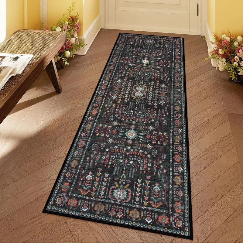 

Luxury Retro Hallway Long Rug Washable Kitchen Mat Green Non-slip Bedroom Bedside Soft Carpet Botanical Floral Design Teppich 러그