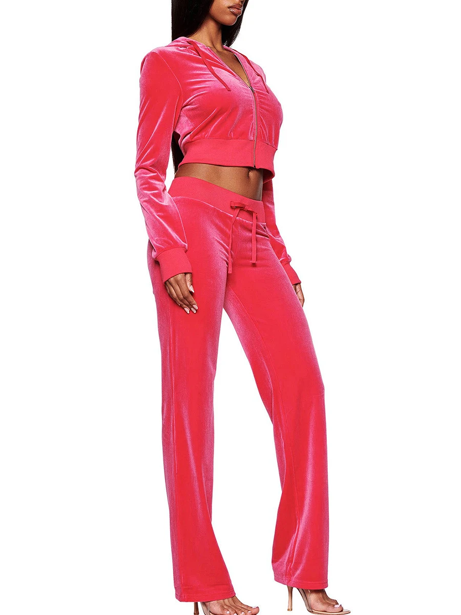 Women s Velvet Tracksuit Set Long Sleeve Zip Up Cropped Hoodie and Jogger Pants Loungewear Ensemble