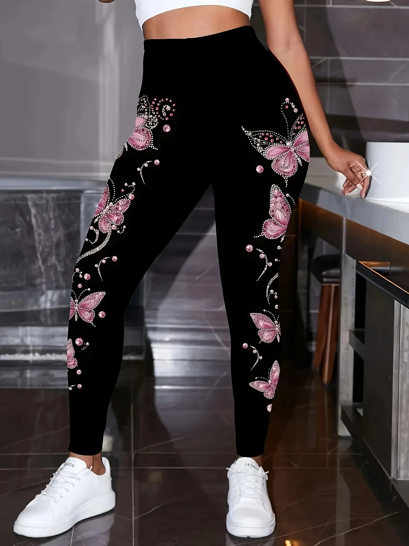 Women Mid‑Waist Fleece Lined Leggings, Black Base Pink Butterfly Floral Side Print, Slim Warm Casual Daily Pants