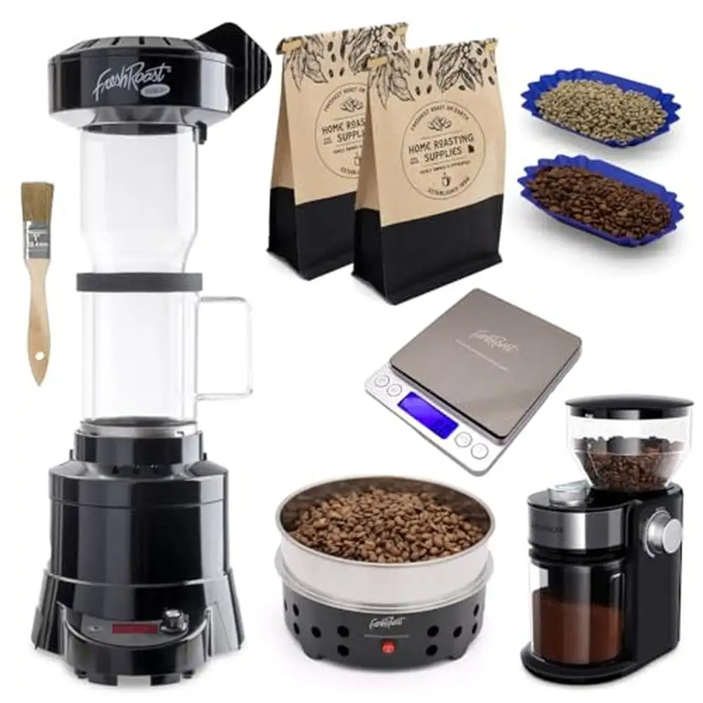 Home Coffee Roasting Kit Fresh Roast SR800 Glass Bean Cooler Burr Grinder Green Bean 2lbs Sample Pack Ultimate Roaster System