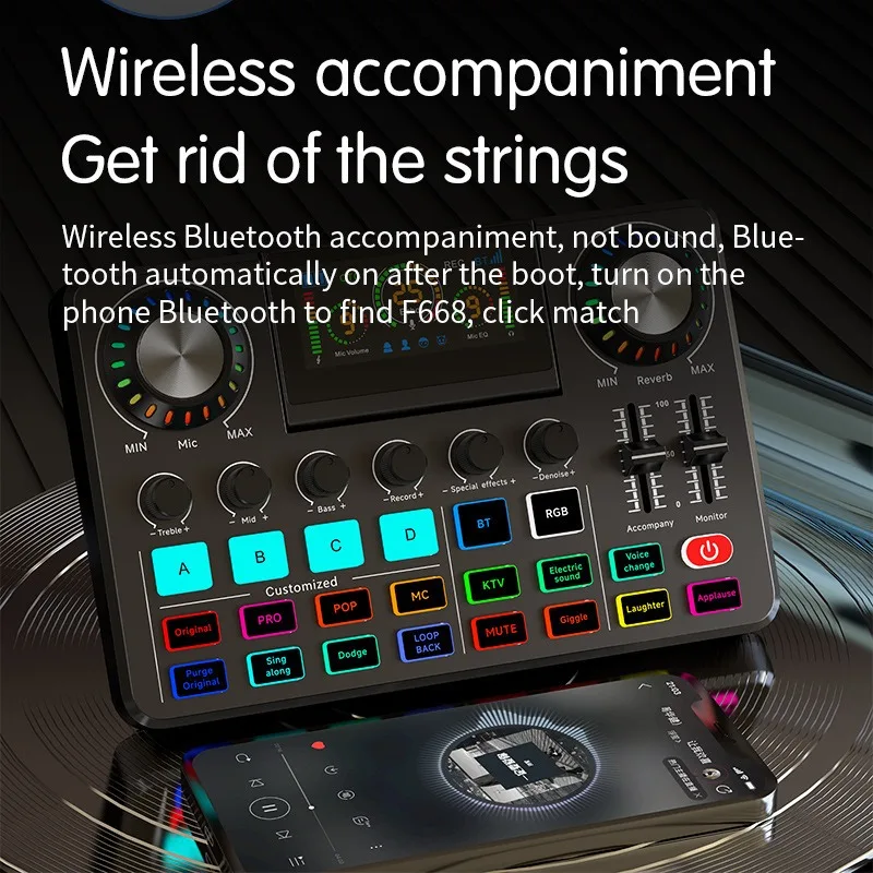 F668 Scheda audio dal vivo mixer transfrontaliero registrazione computer canto riduzione del rumore banda di frequenza gioco con funzioni personalizzate