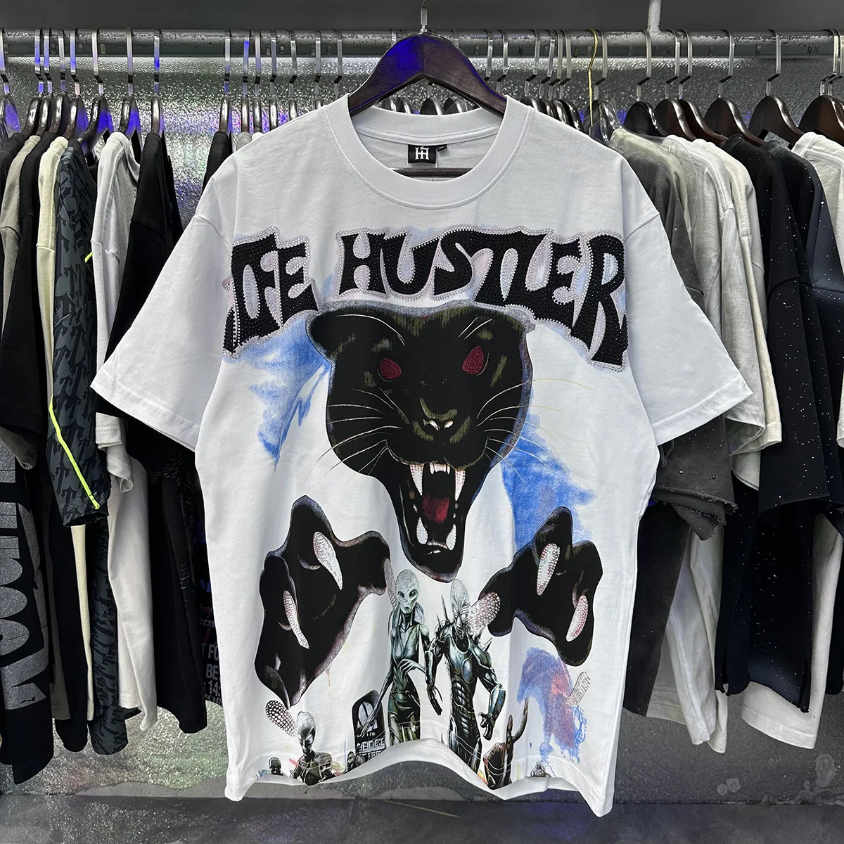 Black Panther Print with Rhinestone Design Short Sleeve Summer Tshirts for Men and Women Cotton O Neck Baggy Top Tees Oversized