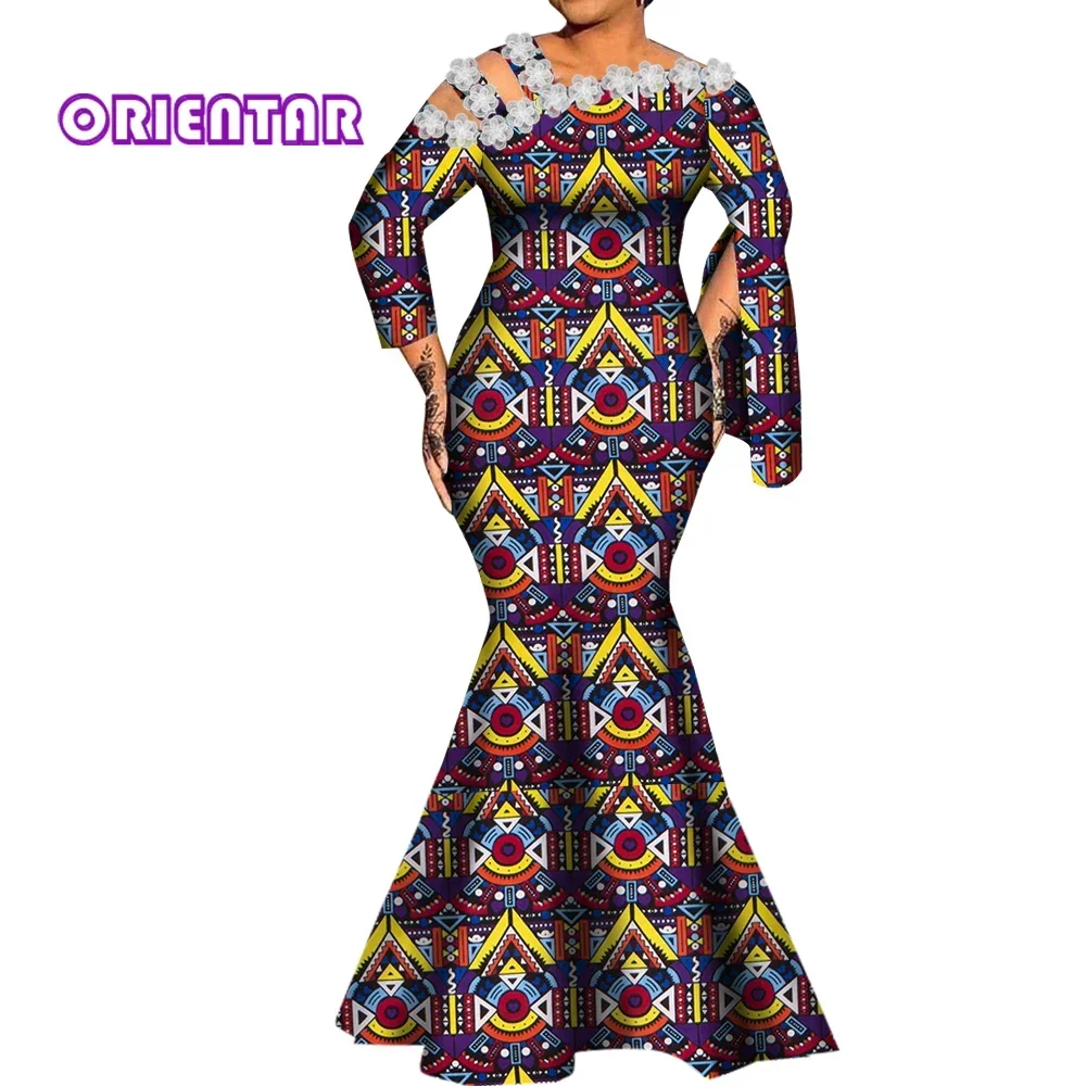 Long Sleeve African Print Women Maxi Dress Dashiki Bazin Rich African Clothes for Women Cotton Formal Evening Gowns WY9872