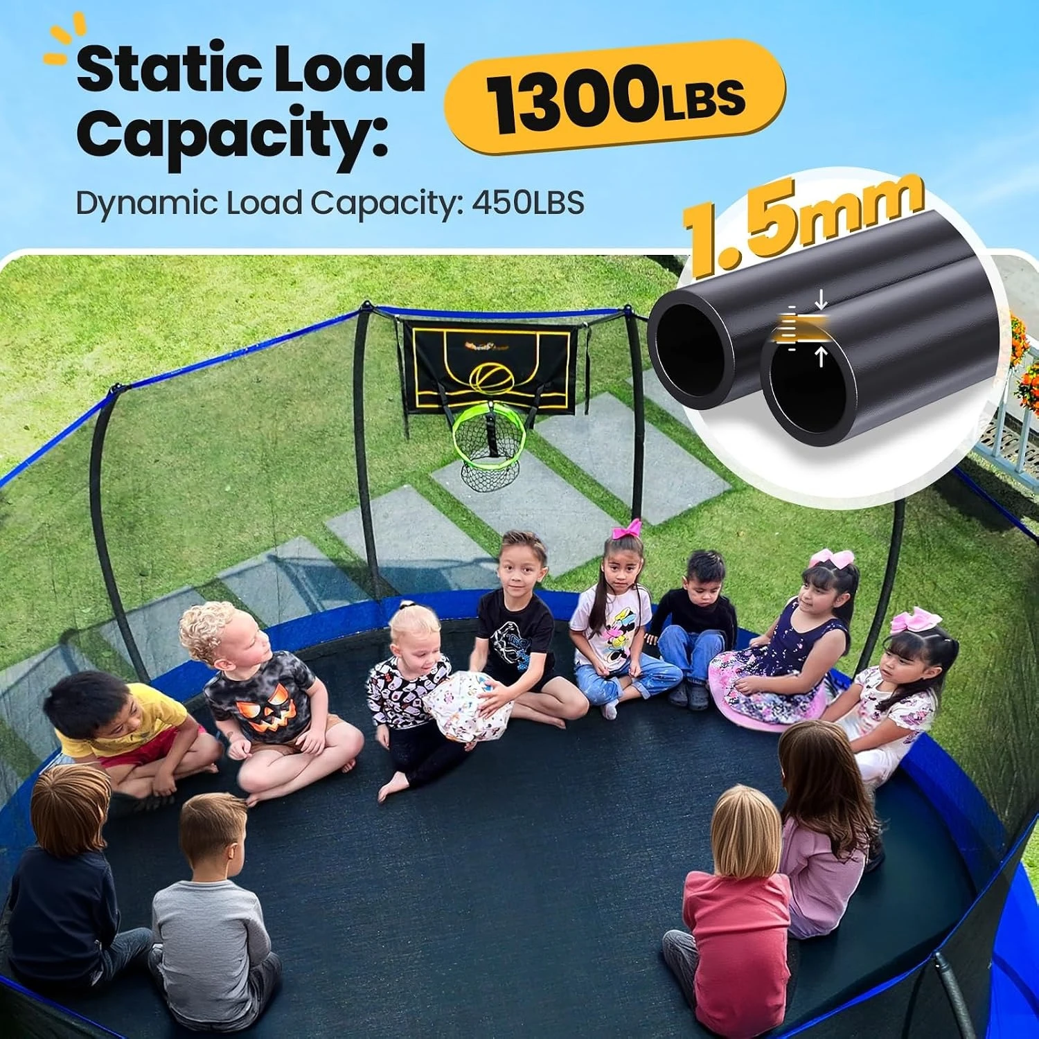 1300LBS Weight Capacity Trampoline 16 15 12FT with Basketball Hoop Water Sprinkler Spiral Ground Stakes Outdoor, Customized