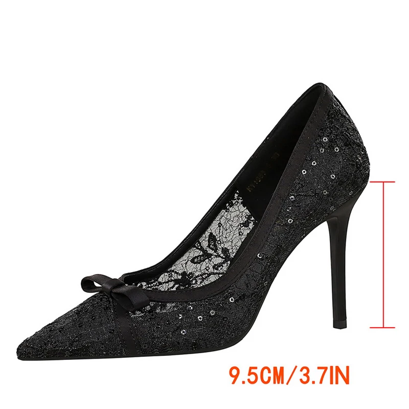 BIGTREE Shoes Women 9.5 Cm Heels Lace Mesh Women Pumps Bowknot High Heels Stiletto Sexy Party Shoes Fashion Lady Wedding Shoes