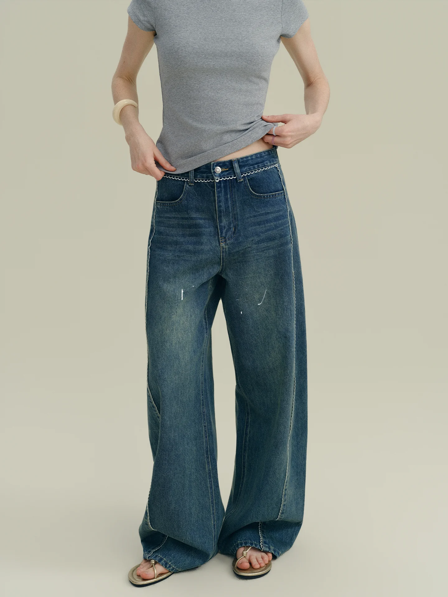 

Rina Berry Vintage Lace Splicing Jeans High Waist Slim Loose Straight Leg Wide Leg Long Pants Floor-Length Pants