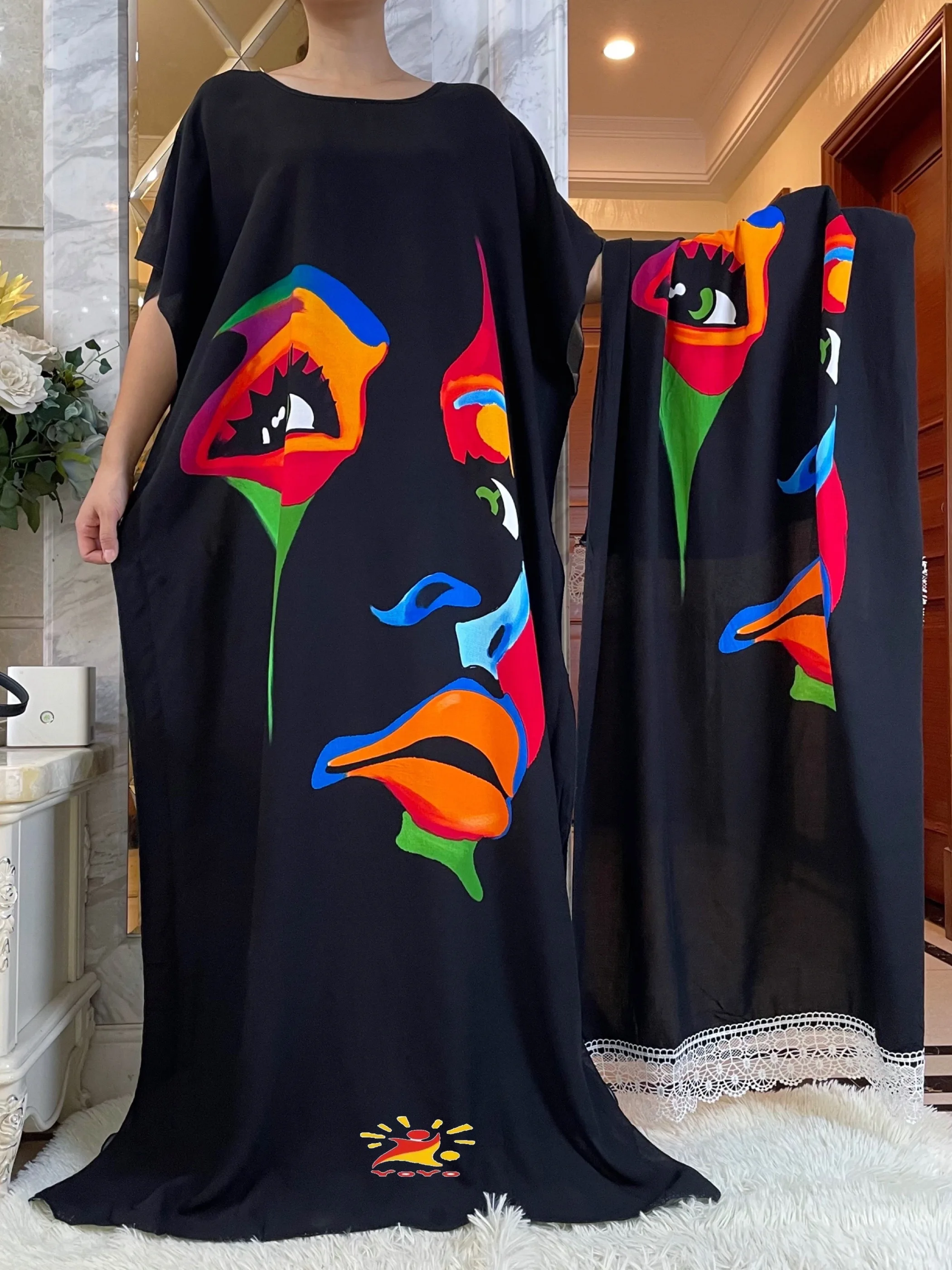 New Summer African Short Sleeve Cotton Dresses With Big Scarf Loose Printing Floral Boubou Maxi Islam Women  Abaya Clothes