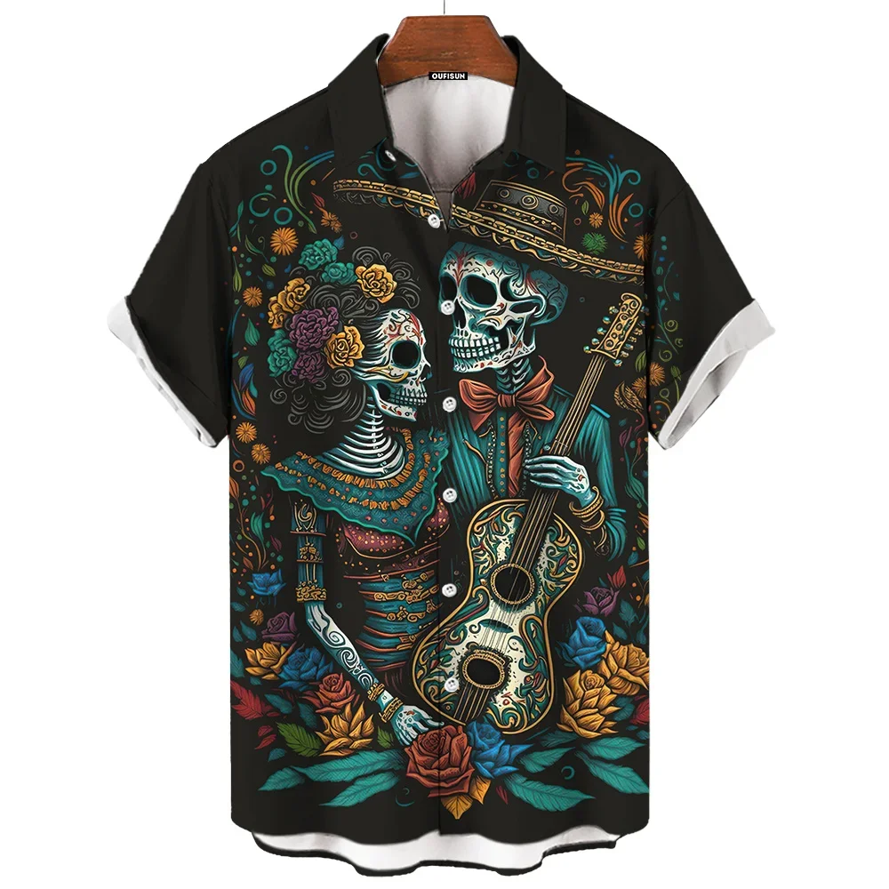 Day Of The Dead Shirt Skull Men's Shirts Skull Face 3d Print Short Sleeve Retro Loose Oversized Man Clothing Festival Clothing