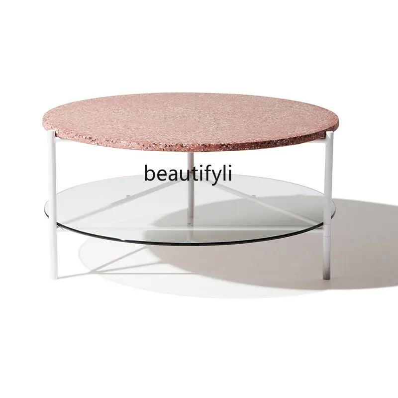 zq Nordic Simple Terrazzo Coffee Table Combination Modern Small Apartment Light Luxury Glass Double-Layer Coffee Table