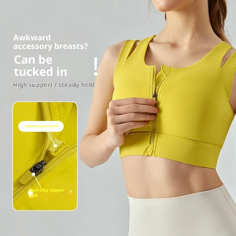 High Impact Workout Bra with Front Zipper - Shock Absorption Sports Top for Running, Breathable Fitness Tank with Fixed Cups