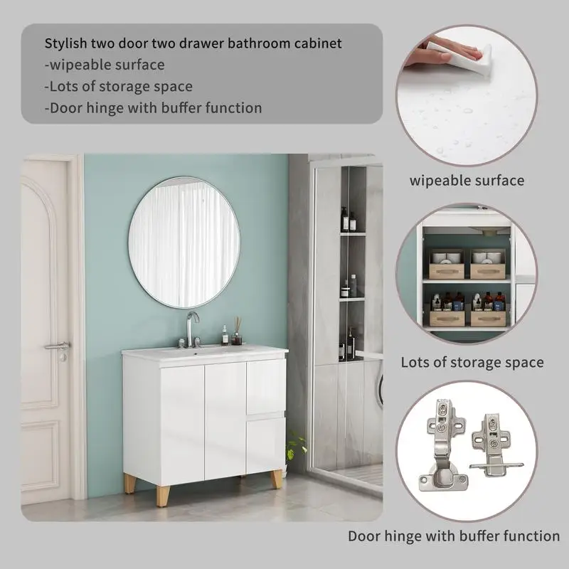 Meja Rias Kamar Mandi Modern 36-Inci dengan Kombinasi Wastafel 3 Lubang, 2 Pintu & 2 Laci, Sistem Tutup Lembut, Desain Tanpa Pegangan, Kayu Alami