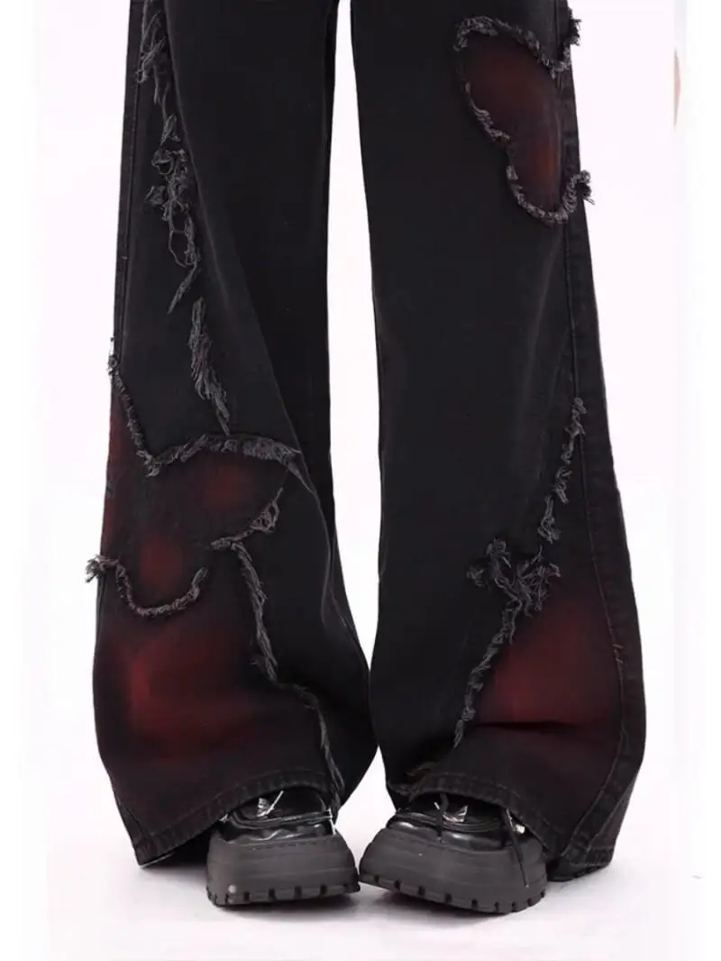 

Женские брюки в американском стиле, ткань с бабочкой в стиле ретро, повседневные джинсы High Street, милые крутые свободные дизайнерские брюки с высокой талией и вышивкой