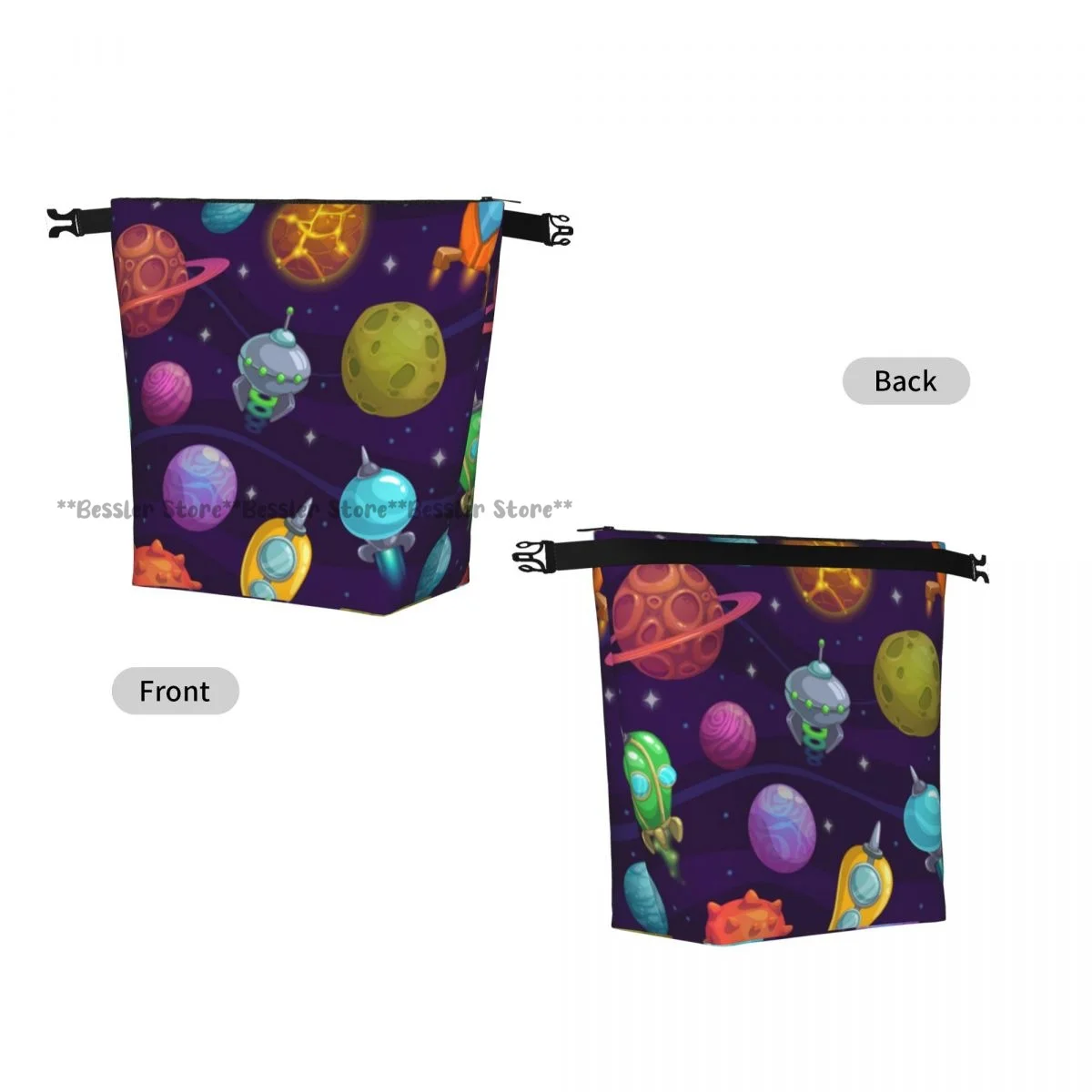 Roll Top Insulated Bento Lunch BagCartoon Planets And Space Ships Thermal Meal Bag Lunch Container Tote