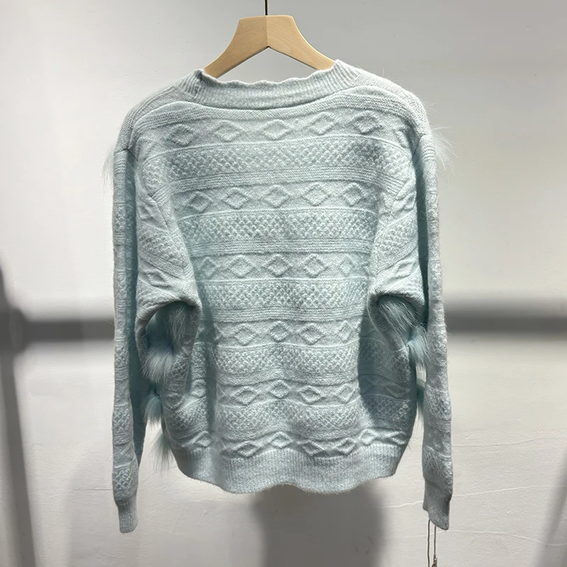 2025 가을 여성 블루 리얼 폭스 퍼 스웨터 화이트 리얼 퍼 신상 디자인 니트 자켓