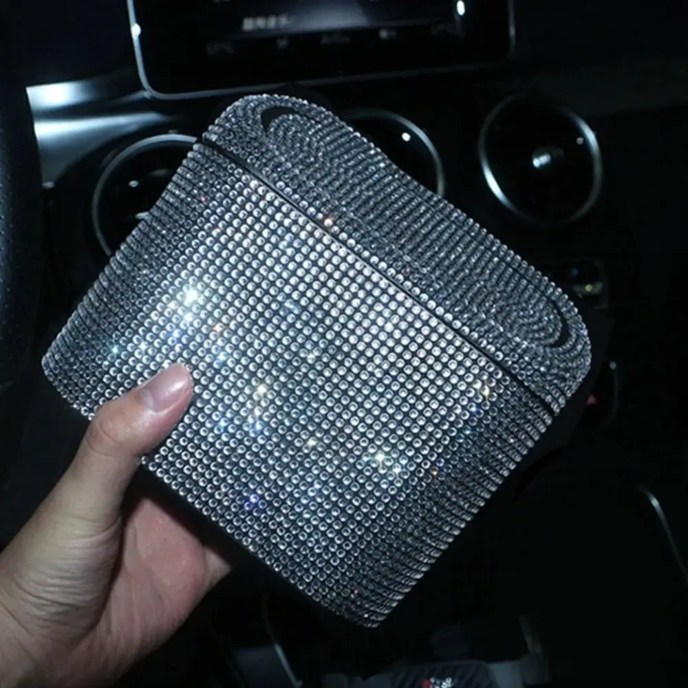 New Bling Car Glitter Trash Can with Lid Rhinestone Trash Bin Hanging Garbage Grabber Car Interior Accessories
