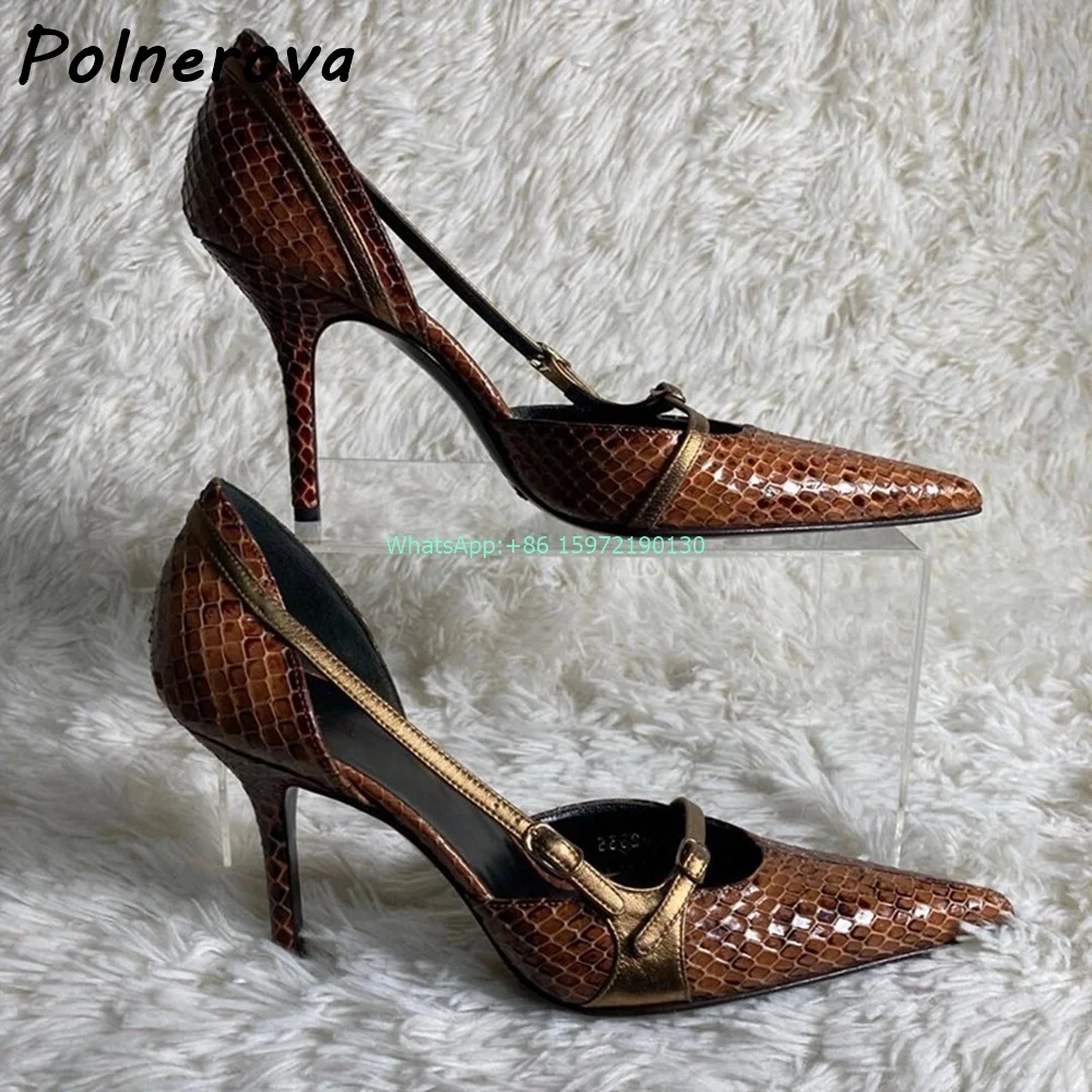 

retro snakeskin hollow pumps pointy toe thin heels buckle strap shoes mixed color hotties niche fashion sexy stiletto shoes