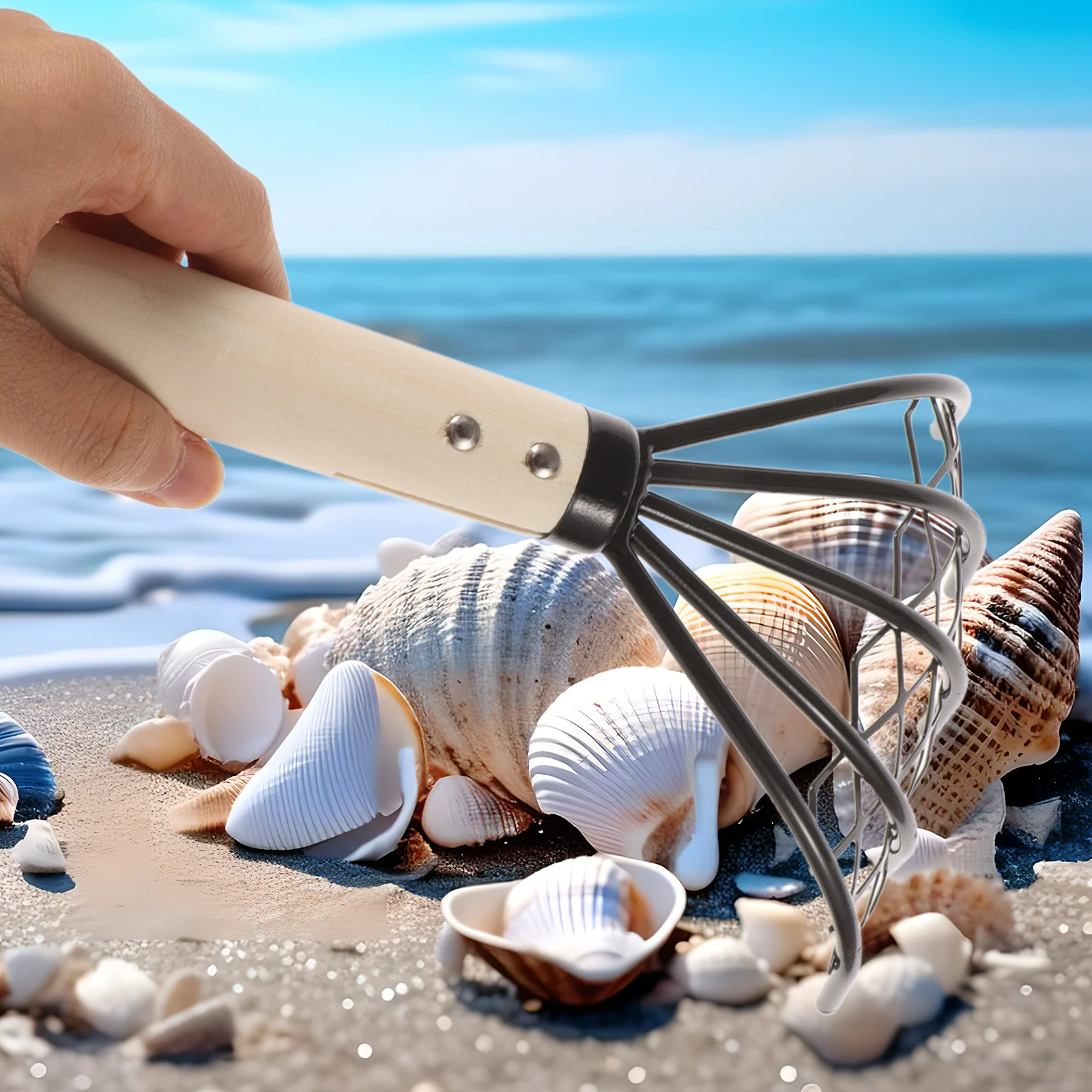 

2Pcs Carbon Steel Clam Rake Wooden Handle Non-Skid Net Seafood Digging Tool Beach Rake Digging Tool Wood Handle Dredge