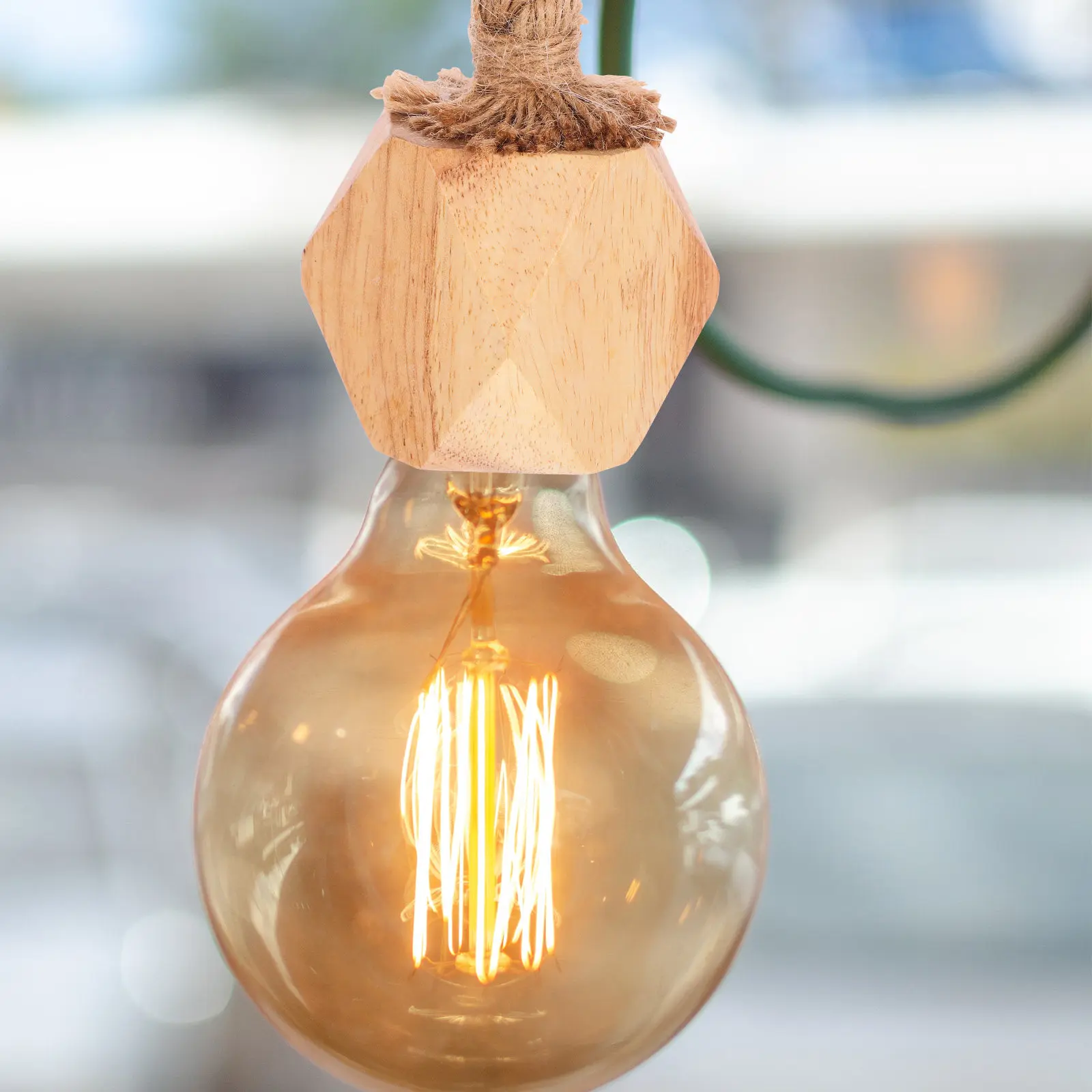 Wooden Pendant Light with Hemp Rope – Vintage Style Lamp Socket for Living Room, Dining Room & Bedroom
