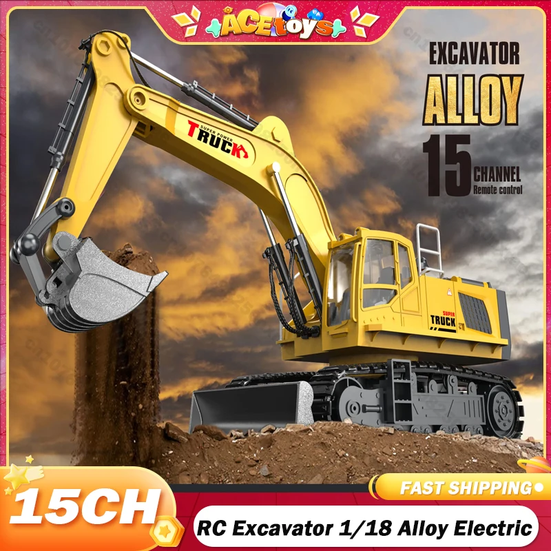 

RC Excavator 1/18 Alloy Electric Toy Spray with Light 15/13/12CH Kids Simulation Remote Control Car Truck Engineer Toys for Boys