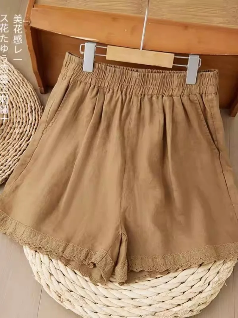 etro Lace Cotton Linen Shorts for Women Summer High Waist Loose Casual Wide Leg Pants Commuting Trend j343
